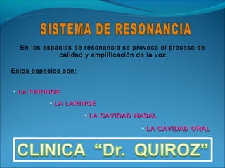 En los espacios de resonancia se provoca el proceso de
             calidad y amplificación de la voz.

Estos espacios son:


• LA FARINGE
           • LA LARINGE
                      • LA CAVIDAD NASAL

                                     • LA CAVIDAD ORAL
 