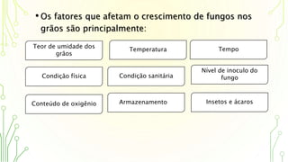 • Os fatores que afetam o crescimento de fungos nos
grãos são principalmente:
Teor de umidade dos
grãos
Temperatura Tempo
Condição física Condição sanitária
Nível de inoculo do
fungo
Conteúdo de oxigênio Armazenamento Insetos e ácaros
 