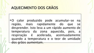 AQUECIMENTO DOS GRÃOS
•O calor produzido pode acumular-se na
região, mais rapidamente do que se
desprender. Isto leva a um rápido aumento de
temperatura da zona aquecida, pois, a
respiração é acelerada, acentuadamente
quando a temperatura e o teor de umidade
dos grãos aumentam.
 