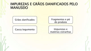 IMPUREZAS E GRÃOS DANIFICADOS PELO
MANUSEIO
Impurezas e
matérias estranhas
Fragmentos e pó
do produto
Grãos danificados
Casca/tegumento
 