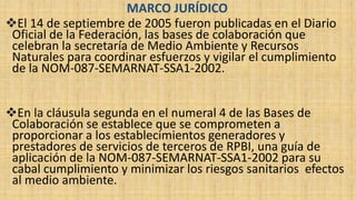 MARCO JURÍDICO
El 14 de septiembre de 2005 fueron publicadas en el Diario
Oficial de la Federación, las bases de colaboración que
celebran la secretaría de Medio Ambiente y Recursos
Naturales para coordinar esfuerzos y vigilar el cumplimiento
de la NOM-087-SEMARNAT-SSA1-2002.
En la cláusula segunda en el numeral 4 de las Bases de
Colaboración se establece que se comprometen a
proporcionar a los establecimientos generadores y
prestadores de servicios de terceros de RPBI, una guía de
aplicación de la NOM-087-SEMARNAT-SSA1-2002 para su
cabal cumplimiento y minimizar los riesgos sanitarios efectos
al medio ambiente.
 
