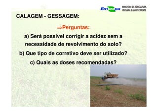 CALAGEM - GESSAGEM:
⇒
⇒
⇒
⇒Perguntas:
a) Será possível corrigir a acidez sem a
necessidade de revolvimento do solo?
b) Que tipo de corretivo deve ser utilizado?
c) Quais as doses recomendadas?
 
