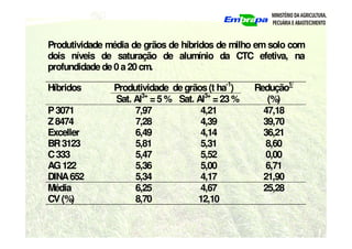 Produtividade média de grãos de híbridos de milho em solo com
dois níveis de saturação de alumínio da CTC efetiva, na
profundidade de 0 a20cm.
Híbridos Produtividade degrãos(t ha-1
) Redução1/
Sat. Al3+
=5 % Sat. Al3+
=23 % (%)
P3071 7,97 4,21 47,18
Z8474 7,28 4,39 39,70
Exceller 6,49 4,14 36,21
BR3123 5,81 5,31 8,60
C333 5,47 5,52 0,00
AG122 5,36 5,00 6,71
DINA652 5,34 4,17 21,90
Média 6,25 4,67 25,28
CV(%) 8,70 12,10
 