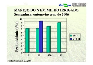 0
1
2
3
4
5
6
7
8
9
10
0 60 120 180
V6-7
V10-11
Produtividade
(t/ha)
MANEJO DO N EM MILHO IRRIGADO
Semeadura: outono-inverno de 2006
Fonte: Coelho et al., 2006
 
