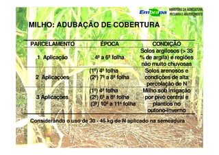 MILHO: ADUBAÇÃO DE COBERTURA
PARCELAMENTO ÉPOCA CONDIÇÃO
1 Aplicação 4ª a 6ª folha
Solos argilosos (> 35
% de argila) e regiões
não muito chuvosas
2 Aplicações
(1ª) 4ª folha
(2ª) 7ª a 8ª folha
Solos arenosos e
condições de alta
percolação de N
3 Aplicações
(1ª) 4ª folha
(2ª) 6ª a 8ª folha
(3ª) 10ª a 11ª folha
Milho sob irrigação
por pivô central e
plantios no
outono-inverno
Considerando o uso de 30 - 45 kg de N aplicado na semeadura
 