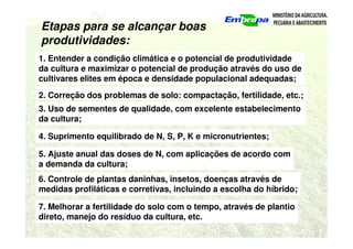 Etapas para se alcançar boas
produtividades:
1. Entender a condição climática e o potencial de produtividade
da cultura e maximizar o potencial de produção através do uso de
cultivares elites em época e densidade populacional adequadas;
2. Correção dos problemas de solo: compactação, fertilidade, etc.;
7. Melhorar a fertilidade do solo com o tempo, através de plantio
direto, manejo do resíduo da cultura, etc.
3. Uso de sementes de qualidade, com excelente estabelecimento
da cultura;
4. Suprimento equilibrado de N, S, P, K e micronutrientes;
5. Ajuste anual das doses de N, com aplicações de acordo com
a demanda da cultura;
6. Controle de plantas daninhas, insetos, doenças através de
medidas profiláticas e corretivas, incluindo a escolha do híbrido;
 