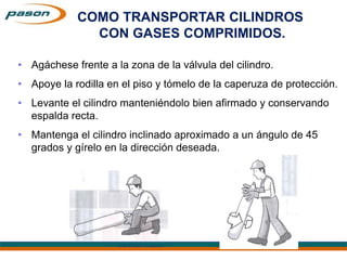 SANTIAGO GARCIA
COMO TRANSPORTAR CILINDROS
CON GASES COMPRIMIDOS.
• Agáchese frente a la zona de la válvula del cilindro.
• Apoye la rodilla en el piso y tómelo de la caperuza de protección.
• Levante el cilindro manteniéndolo bien afirmado y conservando
espalda recta.
• Mantenga el cilindro inclinado aproximado a un ángulo de 45
grados y gírelo en la dirección deseada.
 