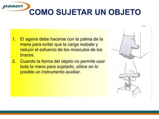 1. El agarre debe hacerse con la palma de la
mano para evitar que la carga resbale y
reducir el esfuerzo de los músculos de los
brazos.
2. Cuando la forma del objeto no permite usar
toda la mano para sujetarlo, utilice en lo
posible un instrumento auxiliar.
COMO SUJETAR UN OBJETO
 