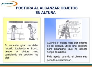 POSTURA AL ALCANZAR OBJETOS
EN ALTURA
Cuando el objeto este por encima
de su cabeza, utilice una escalera
para alcanzarlo, que no genere
riesgo de caídas.
Pida ayuda cuando el objeto sea
pesado o voluminoso.
Si necesita girar no debe
hacerlo torciendo el tronco
desde la cintura sino
cambiando de posición los
pies
 