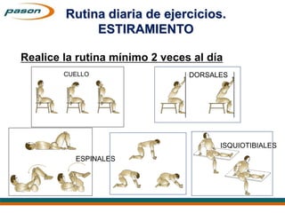 CUELLO DORSALES
ISQUIOTIBIALES
ESPINALES
Realice la rutina mínimo 2 veces al día
Rutina diaria de ejercicios.
ESTIRAMIENTO
 