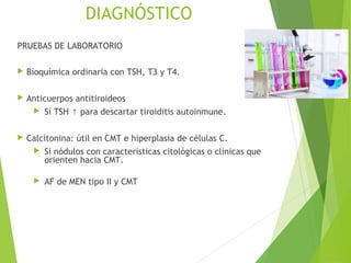 DIAGNÓSTICO
PRUEBAS DE LABORATORIO
 Bioquímica ordinaria con TSH, T3 y T4.
 Anticuerpos antitiroideos
 Si TSH para descartar tiroiditis autoinmune.↑
 Calcitonina: útil en CMT e hiperplasia de células C.
 Si nódulos con características citológicas o clínicas que
orienten hacia CMT.
 AF de MEN tipo II y CMT
 
