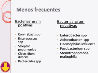 Menos	
  frecuentes	
  
Bacterias	
  	
  gram	
  
negaVvas	
  
	
  	
  
•  Enterobacter	
  spp	
  
•  Acinetobacter	
  	
  spp	
  
•  Haemophilus	
  inﬂuenza	
  
•  Fusobacterium	
  spp	
  
•  Stenotrophomona	
  
maltophila	
  
Bacterias	
  	
  gram	
  
posiVvas	
  
	
  	
  	
  
•  Corynebact	
  spp	
  
•  Enterococcus	
  
spp	
  
•  Streptoc	
  
pneumoniae	
  
•  Clostridium	
  
diﬃcile	
  
•  Bacteroides	
  spp	
  
 