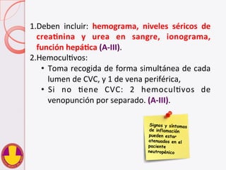 1. Deben	
   incluir:	
   hemograma,	
   niveles	
   séricos	
   de	
  
creaHnina	
   y	
   urea	
   en	
   sangre,	
   ionograma,	
  	
  
función	
  hepáHca	
  (A-­‐III).	
  
2. HemoculVvos:	
  	
  
•  Toma	
  recogida	
  de	
  forma	
  simultánea	
  de	
  cada	
  
lumen	
  de	
  CVC,	
  y	
  1	
  de	
  vena	
  periférica,	
  	
  
•  Si	
   no	
   Vene	
   CVC:	
   2	
   hemoculVvos	
   de	
  
venopunción	
  por	
  separado.	
  (A-­‐III).	
  	
  
Signos y síntomas
de inflamación
pueden estar
atenuados en el
paciente
neutropénico
 