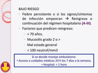 BAJO	
  RIESGO	
  
•  Fiebre	
   persistente	
   o	
   si	
   los	
   signos/síntomas	
  
de	
   infección	
   empeoran	
   à	
   Reingreso	
   o	
  
conVnuación	
  del	
  régimen	
  hospitalario	
  (A-­‐III).	
  	
  
•  Factores	
  que	
  predicen	
  reingreso:	
  
–  >	
  70	
  años.	
  
–  MucosiVs	
  grado	
  2	
  o	
  >	
  
–  Mal	
  estado	
  general	
  
–  <	
  100	
  neutrof/mm3	
  
Si	
  se	
  decide	
  manejo	
  ambulatorio:	
  
• 	
  Acceso	
  a	
  cuidados	
  médicos	
  24	
  h	
  los	
  7	
  días	
  a	
  la	
  semana.	
  
• 	
  Hospital:	
  <	
  1	
  hora	
  
 