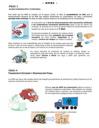 -
- R
R P
P B
B I
I -
-
Para evitar que los RPBI se mezclen con la basura común, se debe de preestablecer un sitio para el
almacenamiento temporal de los RPBI que deberán almacenarse en contenedores con tapa y permanecer
cerrados todo el tiempo. No debe de haber residuos tirados en los alrededores de los contenedores.
Es importante que el área de almacenamiento esté claramente señalizada
y los contenedores claramente identificados según el tipo de residuo que
contenga. De acuerdo con la norma el tiempo máximo de almacenamiento en un
hospital con más de 60 camas es de 7 días.
El personal encargado de recolectar los residuos dentro
del hospital tiene que estar protegido con el equipo
necesario, así como también capacitado en su
manejo y conocer los riesgos que implica su trabajo.
Debe respetarse la ruta preestablecida para el traslado de los residuos para que este
se lleve a cabo de forma segura y rápida hasta el área de almacenamiento temporal,
evitando pasar por la sala de espera o en horarios de comida de pacientes.
Los carros manuales de transporte de residuos no deberán rebasar su
capacidad de carga para evitar que los residuos se caigan y se dispersen; estos
carros deben lavarse a diario con agua y jabón para garantizar sus
condiciones higiénicas.
TRANSPORTE EXTERNO Y DISPOSICIÓN FINAL
Los RPBI que hayan sido tratados dentro del hospital (procedimientos de desinfección) podrán disponerse en los
camiones recolectores de basura común.
Mientras que los RPBI sin tratamiento deberán enviarse a
empresas recolectoras autorizadas. Estos deberán ser tratados
por métodos físicos o químicos, que garanticen la eliminación
de microorganismos patógenos para su disposición final.
Los residuos patológicos deben ser incinerados o inhumados.
 