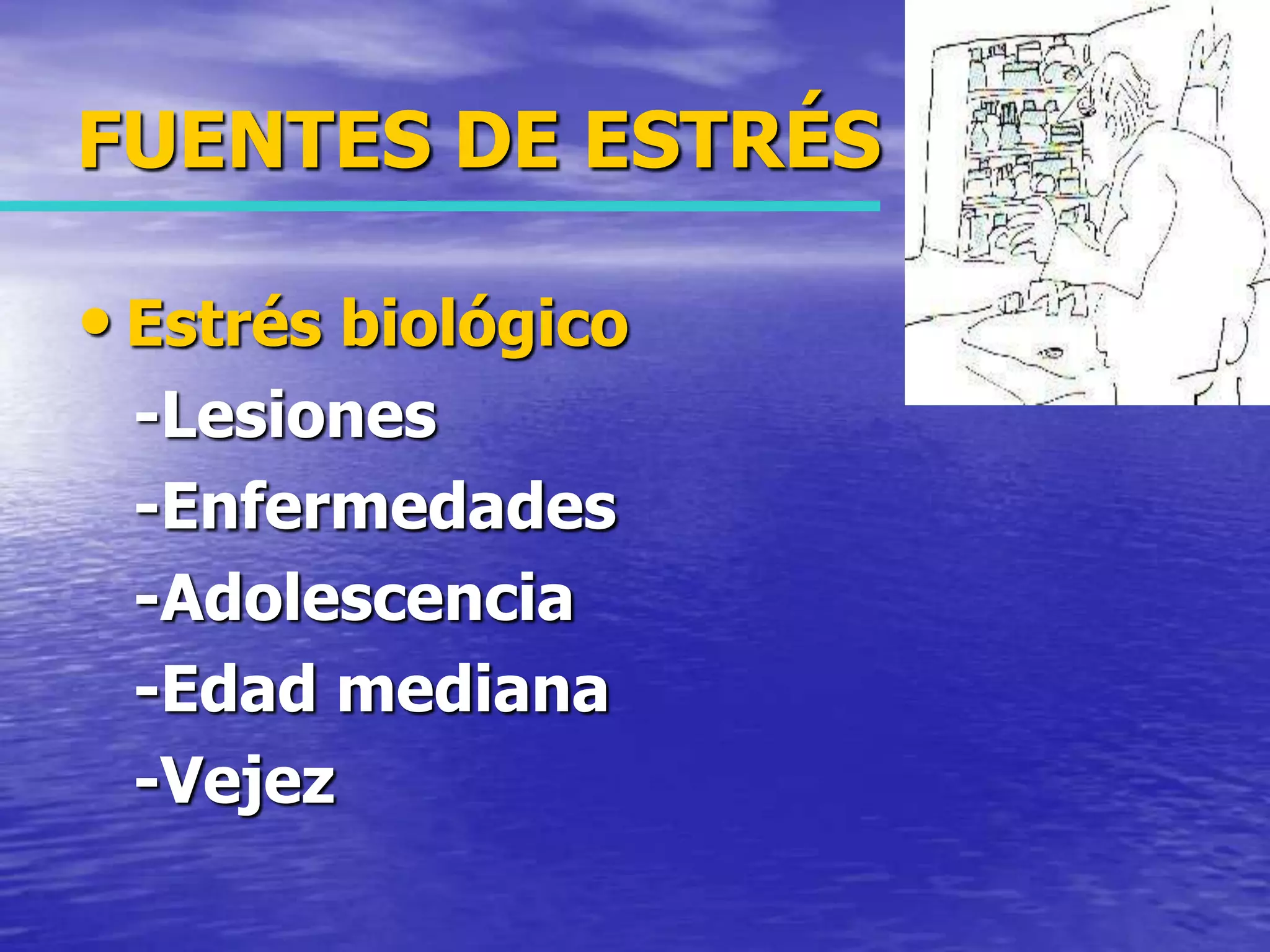 FUENTES DE ESTRÉSEstrés biológico   -Lesiones   -Enfermedades    -Adolescencia    -Edad mediana    -Vejez
