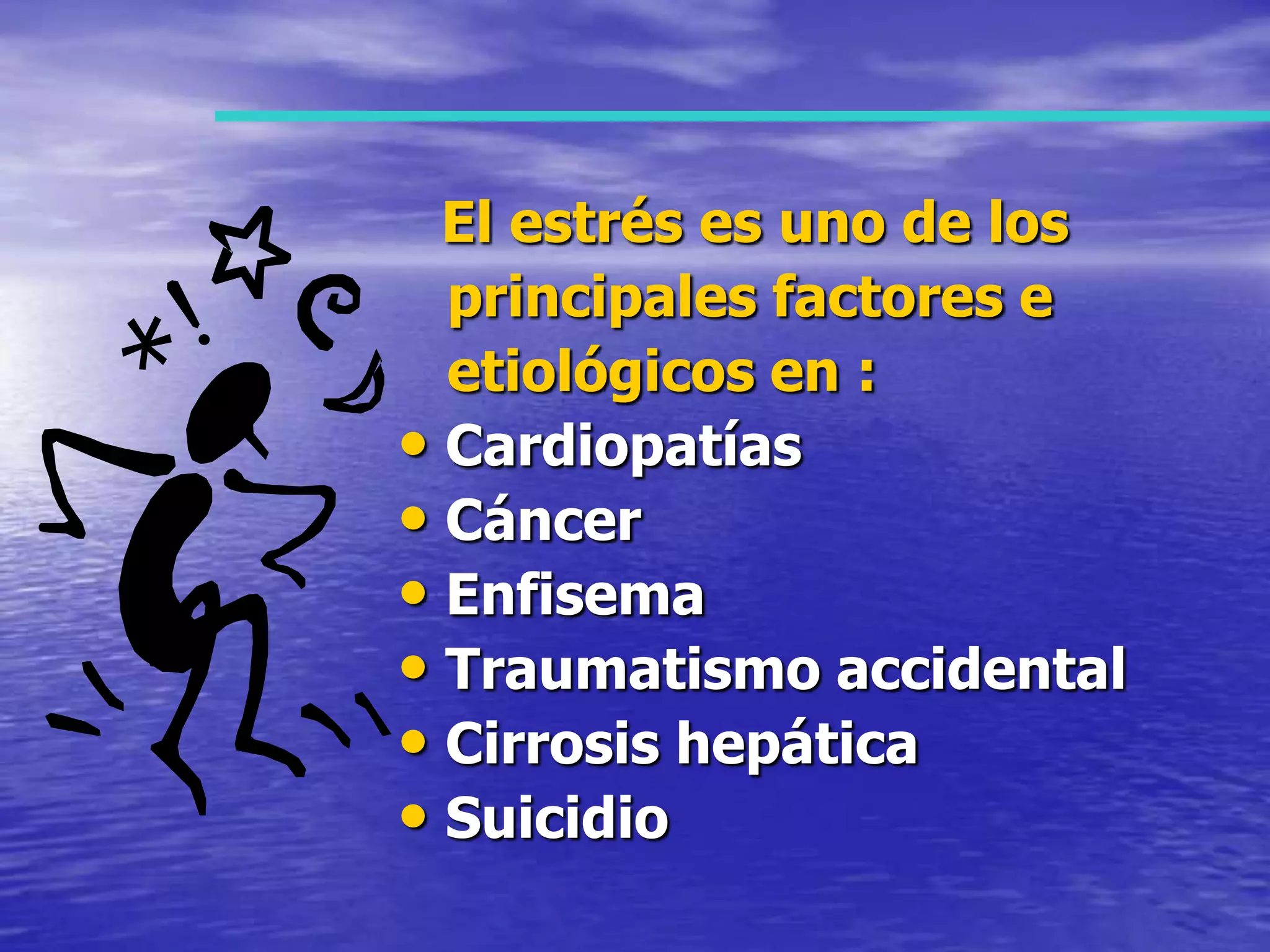El estrés es uno de los   principales factores e   etiológicos en :CardiopatíasCáncerEnfisemaTraumatismo accidentalCirrosis hepáticaSuicidio