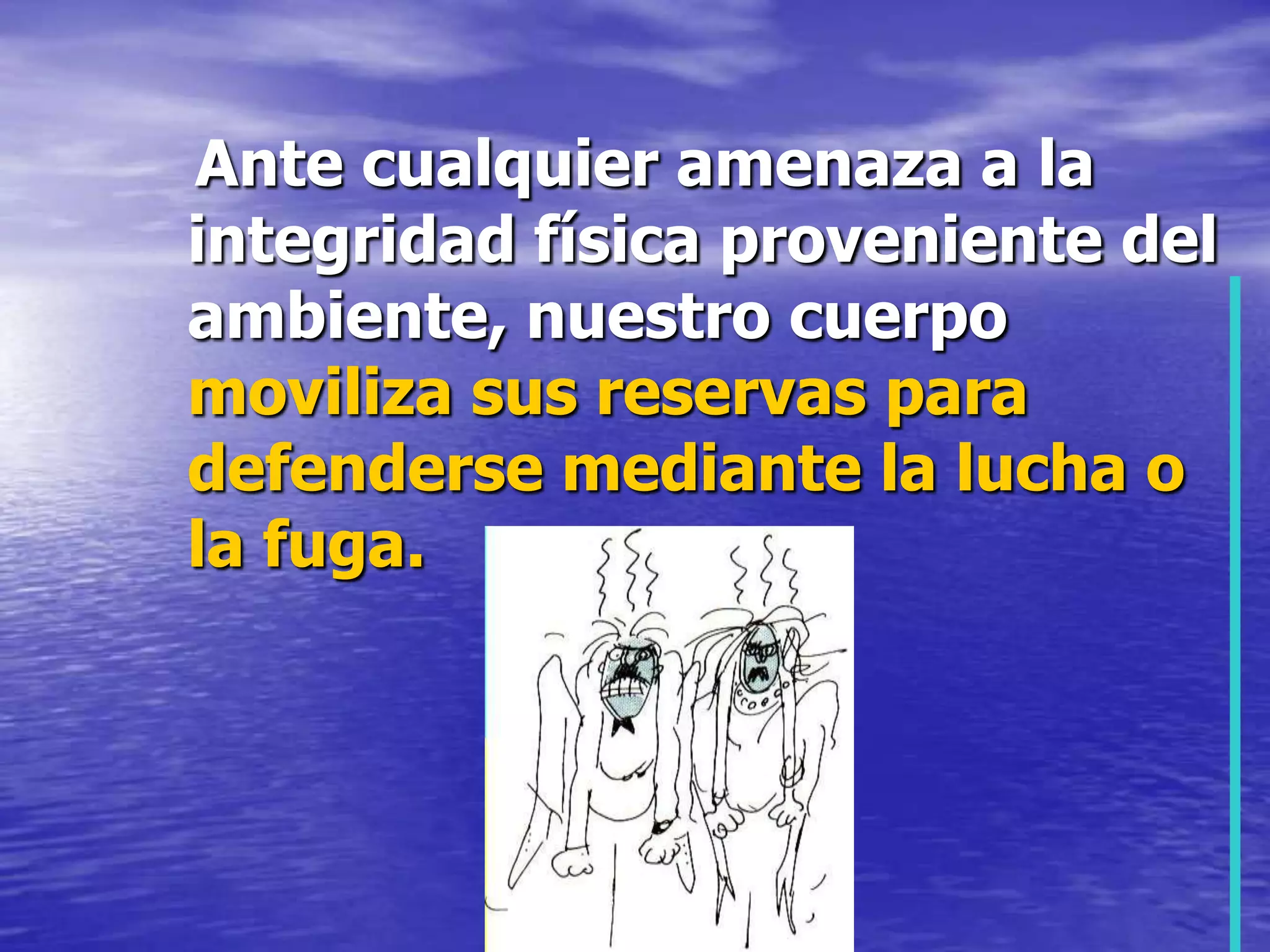    Ante cualquier amenaza a la integridad física proveniente del ambiente, nuestro cuerpo moviliza sus reservas para defenderse mediante la lucha o la fuga.