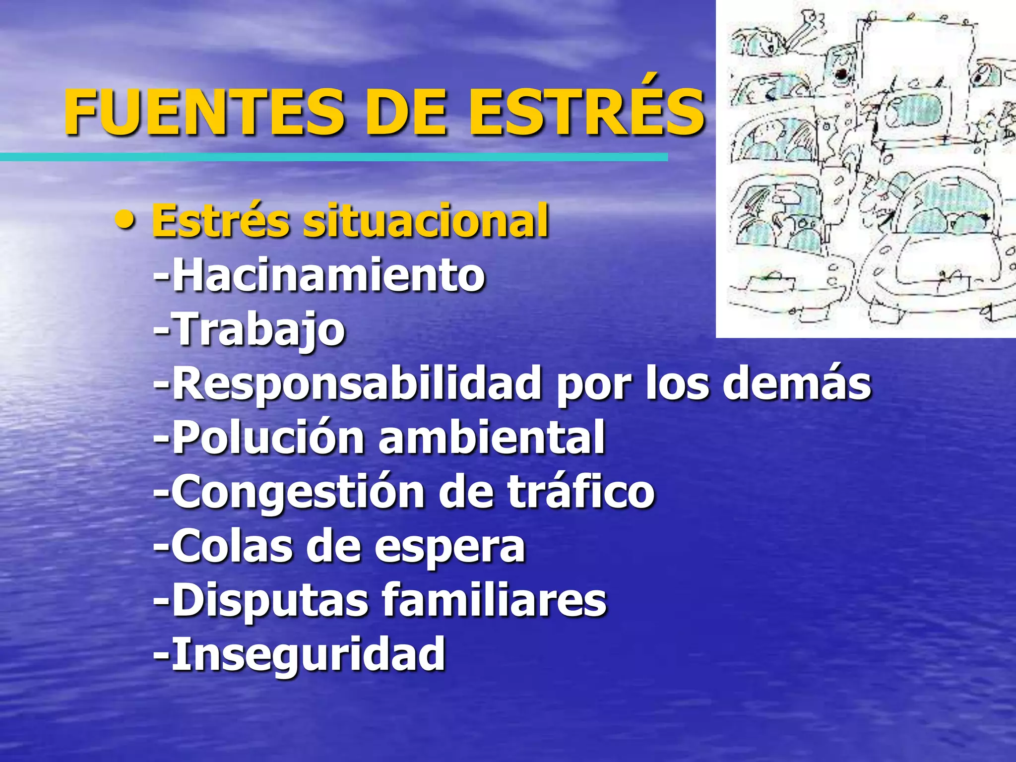 FUENTES DE ESTRÉSEstrés situacional   -Hacinamiento   -Trabajo    -Responsabilidad por los demás   -Polución ambiental    -Congestión de tráfico    -Colas de espera    -Disputas familiares   -Inseguridad