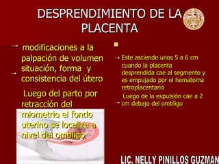 DESPRENDIMIENTO DE LA   PLACENTA modificaciones a la palpación de volumen situación, forma  y consistencia del útero Luego del parto por retracción del miometrio el fondo uterino se localiza a nivel del ombligo Este asciende unos 5 a 6 cm cuando la placenta desprendida cae al segmento y es empujado por el hematoma retroplacentario Luego de la expulsión cae a 2 cm debajo del ombligo LIC. NELLY PINILLOS GUZMAN 