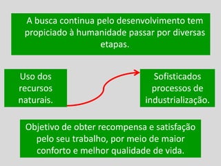 A busca continua pelo desenvolvimento tem
propiciado à humanidade passar por diversas
etapas.
Uso dos
recursos
naturais.
Sofisticados
processos de
industrialização.
Objetivo de obter recompensa e satisfação
pelo seu trabalho, por meio de maior
conforto e melhor qualidade de vida.
 