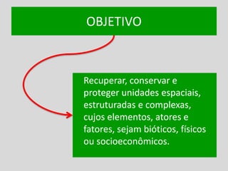 OBJETIVO
Recuperar, conservar e
proteger unidades espaciais,
estruturadas e complexas,
cujos elementos, atores e
fatores, sejam bióticos, físicos
ou socioeconômicos.
 
