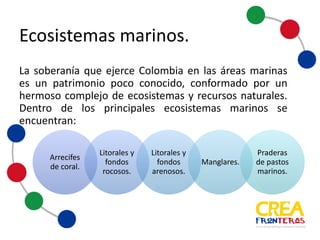 La soberanía que ejerce Colombia en las áreas marinas es un
patrimonio poco conocido, conformado por un hermoso
complejo de ecosistemas y recursos naturales. Dentro de los
principales ecosistemas marinos se encuentran:
Ecosistemas	
  marinos
Arrecifes	
  
de	
  coral.
Litorales	
  y	
  
fondos	
  
rocosos.
Litorales	
  y	
  
fondos	
  
arenosos.
Manglares.
Praderas	
  
de	
  pastos	
  
marinos.
 