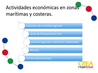 Actividades	
  económicas	
  en	
  zonas	
  
marítimas	
  y	
  costeras
Expansión	
  de	
  la	
  frontera	
  agrícola.
Obras	
  de	
  infraestructura	
  civil.
Practicas	
  agrícolas	
  y	
  pecuarias	
  inadecuadas.
Minería.
Turismo	
  descontrolado.
 