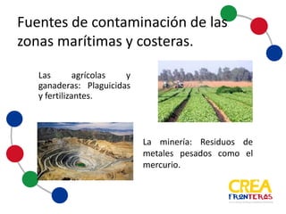 Agrícolas y ganaderas:
Plaguicidas y
fertilizantes.
Minería: Residuos de
metales pesados como el
mercurio.
Fuentes	
  de	
  contaminación	
  de	
  las	
  
zonas	
  marítimas	
  y	
  costeras
 