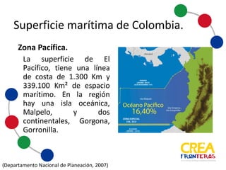 La superficie de El
Pacífico, tiene una línea
de costa de 1.300 Km y
339.100 Km² de espacio
marítimo.
En la región hay una isla
oceánica (Malpelo), y dos
continentales (Gorgona y
Gorronilla).
Zona	
  Pacífica.	
  
Superficie	
  marítima	
  de	
  Colombia
(Departamento	
  Nacional	
  de	
  Planeación,	
  2007)
 