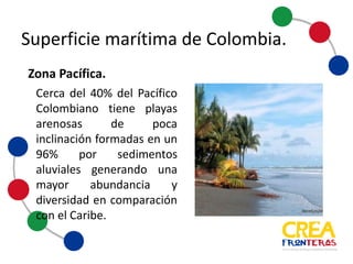 Cerca del 40% del Pacífico
Colombiano tiene playas
arenosas de poca inclinación
formadas en un 96% por
sedimentos aluviales,
generando una mayor
abundancia y diversidad en
comparación con el Caribe.
Zona	
  Pacífica.	
  
Superficie	
  marítima	
  de	
  Colombia
 
