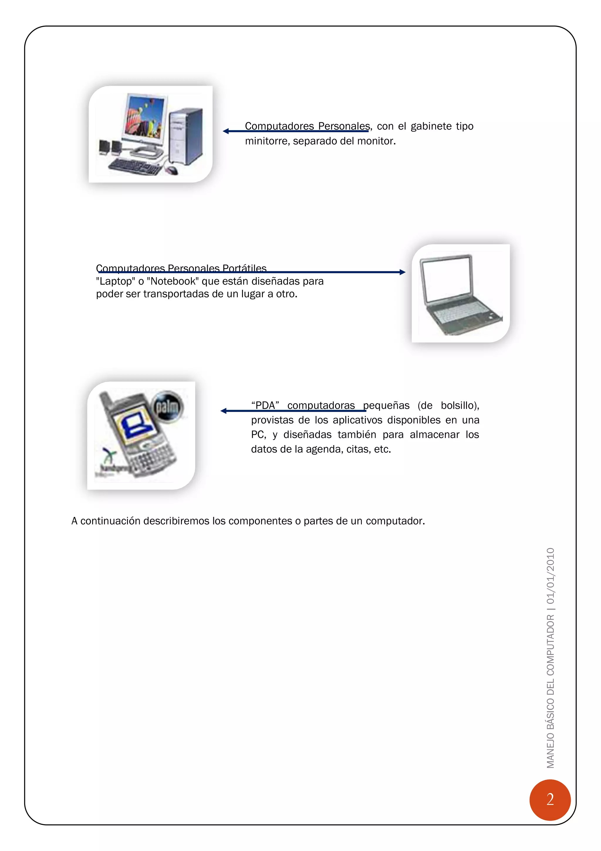 Computadores Personales, con el gabinete tipo
                                  minitorre, separado del monitor.




    Computadores Personales Portátiles
    "Laptop" o "Notebook" que están diseñadas para
    poder ser transportadas de un lugar a otro.




                                    “PDA” computadoras pequeñas (de bolsillo),
                                    provistas de los aplicativos disponibles en una
                                    PC, y diseñadas también para almacenar los
                                    datos de la agenda, citas, etc.




A continuación describiremos los componentes o partes de un computador.

                                                                                      MANEJO BÁSICO DEL COMPUTADOR | 01/01/2010




                                                                                          2
 