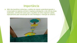 Importância
 Além dos benefícios comerciais, a prática do manejo sustentável garante a
conservação de espécies animais e vegetais prolongando a vida útil das áreas
exploradas, contribuindo assim para o equilíbrio do clima regional e global,
especialmente pela manutenção do ciclo hidrológico e retenção de carbono.
 