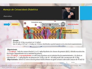 POTASIO.
• Antes de iniciar la corrección de potasio, es necesario determinar la concentración
sérica del mismo y verificar un gasto urinario adecuado
Manejo de Cetoacidosis Diabética
.Electrolitos.
- Hipertonicidad del plasma
- Aumento en la concentración de H2
Glucogenólisis
Proteólisis secundarias
Déficit de insulina
• El objetivo: mantener K entre 3,5 y 5 mEq/L.
• La corrección de potasio se iniciará después de la expansión de volumen
Protocolo del Servicio de Endocrinología del Instituto Autónomo Hospital Universitario de Los Andes. Unidad de Endocrinología. Rev
Venez Endocrinol Metab. Grupo de Endocrinología Mérida (ENDO MER)
 