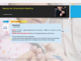 EDEMA CEREBRAL.
Manejo de Cetoacidosis Diabética
.Complicaciones.
HIPOGLUCEMIA - HIPERGLUCEMIA.
Hiperglucemia de rebote, dada por la interrupción de la terapia con insulina IV luego de la
recuperación del paciente, pasando en forma inmediata a la insulina VSC sin mantener la vía IV.
HIPOKALEMIA.
EDEMA PULMONAR.
MANEJO DE LAS ALTERACIONES DEL SENSORIO EN LA CETOACIDOSIS DIABETICA Y EL ESTADO HIPEROSMOLAR HIPERGLUCEMICO
Disponible en : http://www.medicinainfantil.org.ar Medicina Infantil Vol. XXVII N° 2 Diciembre 2020
Sospecha diagnóstica
- Cefalea
- Cambios en e lestado mental
- Anisocoria
- Papiledema
- Hipertensión y bradicardia
- Incontinencia urinaria o intestinal
Factores de riesgo
- Infusión de líquidos mayor de 40cc/kg en las primeras 4 horas de tratamiento, o más de
4000cc/m2/día.
- Suministro de bicarbonato IV.
- Pa CO2 bajo con un sodio alto.
- Cetoacidosis diabética en diabetes de novo.
- Niños menores de 5 años.
TRATAMIENTO
- Administrar:
Manitol IV 0,25 a 1 g/Kg, administrar en 20 minutos . Repetir en 2 horas si no hay
respuesta inicial.
Solución salina hipertónica al 3% de 5 a 10 mL/Kg administrar en 30 minutos
- Elevar cabecera de la cama a 30 grados.
- Luego de instaurado el tratamiento, podría ser útil una TAC de cráneo de control para
descartar otras causas dedeterioro neurológico como trombosis o hemorragia.
 