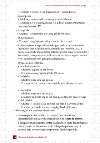 Dengue: diagnóstico e manejo clínico : adulto e criança



      » Crianças  6 anos: 0,1 mg/kg/dose até 3 doses diárias.
     •	Bromoprida
       » Adultos: 1 comprimido de 10mg até de 8/8 horas;
       » Crianças: 0,5 a 1 mg/kg/dia em 3 a 4 doses diárias. Parenteral:
        0,03 mg/kg/dose, IV.
     •	Alizaprida
      » Adultos: 1 comprimido de 50mg até de 8/8 horas.
     •	Dimenidrinato
      » Crianças: 5 mg/kg/dose, até 4 vezes ao dia, via oral.
     •	Antipruriginosos: o prurido na dengue pode ser extremamente
       incômodo, mas é autolimitado, durando em torno de 36 a 48
       horas. A resposta à terapêutica antipruriginosa usual nem sempre é
       satisfatória, mas podem ser utilizadas as medidas a seguir: banhos
       frios, compressas com gelo, pasta d’água, etc.
     •	Drogas de uso sistêmico
       » Dexclorfeniramina
        - Adultos: 2 mg até de 6/6 horas;
        - Crianças: 0,15mg/kg/dia até de 6/6 horas.
       » Cetirizina
        - Adultos: 10mg uma vez ao dia;
        - Crianças de 6 a 12 anos: 5ml(5mg) de 12/12 horas, via oral.

    » Loratadina
      - Adultos: 10mg uma vez ao dia;
      - Crianças: 5mg uma vez ao dia para paciente com peso ≤ 30kg;
    » Hidroxizine
      - Adultos ( 12 anos): 25 a 100 mg, via oral, 3 a 4 vezes ao dia.
      - Crianças (acima de 2 anos): 2mg/kg/dia de 8/8 horas.
c) Orientações aos pacientes e familiares:
     •	todos os pacientes (adultos e crianças) devem retornar
       imediatamente em caso de aparecimento de sinais de alarme.
     •	o desaparecimento da febre (entre o segundo e o sexto dia de doença)
       marca o início da fase crítica, razão pela qual o paciente deverá
       retornar para nova avaliação no primeiro dia desse período.

14     Secretaria de Vigilância em Saúde / MS
 