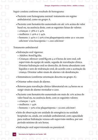 Dengue: diagnóstico e manejo clínico : adulto e criança



Seguir conduta conforme resultado do hemograma:
     •	Paciente com hemograma normal: tratamento em regime
       ambulatorial, como no grupo A.
     •	Paciente com hematócrito aumentado em até 10% acima do valor
       basal ou, na ausência deste, com as seguintes faixas de valores:
       » crianças: ≥ 38% e ≤ 42%
       » mulheres: ≥ 40% e ≤ 44%
       » homens: ≥ 45% e ≤ 50% e/ou plaquetopenia entre 50 e 100.000
        cels/mm3 e/ou leucopenia  1.000 cels/mm3

Tratamento ambulatorial
     •	hidratação oral vigorosa:
       » Adultos: 80ml/kg/dia.
       » Crianças: oferecer 50ml/Kg em 4 a 6 horas de soro oral, sob
        supervisão da equipe de saúde, seguida de reavaliação clínica.
        Orientar hidratação oral no domicílio, de forma abundante com
        líquidos e soro de reidratação oral, de acordo com a aceitação da
        criança. Orientar sobre sinais de alarme e de desidratação.
     •	Sintomáticos (conforme orientação descrita no grupo A).
     •	Orientar sobre sinais de alarme.
     •	Retorno para reavaliação clínico-laboratorial em 24 horas ou se
       surgir sinais de alarme reestadiar o caso.
     •	Paciente com hematócrito aumentado em mais de 10% acima do
       valor basal ou, na ausência deste, com os seguintes valores:
       » crianças:  42%
       » mulheres:  44%
       » homens:  50% e/ou plaquetopenia  50.000 cels/mm3:
     •	leito de observação em unidade de emergência ou unidade
       hospitalar ou, ainda, em unidade ambulatorial, com capacidade
       para realizar hidratação venosa sob supervisão médica, por um
       período mínimo de seis horas;
     •	hidratação oral supervisionada ou parenteral:

16     Secretaria de Vigilância em Saúde / MS
 