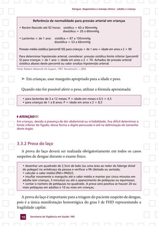 dengue: diagnóstico e manejo clínico : adulto e criança




               referência de normalidade para pressão arterial em crianças

  • Recém-Nascido até 92 horas: sistólica = 60 a 90mmHg
                                diastólica = 20 a 60mmHg

  • Lactentes  de 1 ano:           sistólica = 87 a 105mmHg
                                    diastólica = 53 a 66mmHg

  Pressão média sistólica (percentil 50) para crianças  de 1 ano = idade em anos x 2 + 90

  Para determinar hipotensão arterial, considerar: pressão sistólica limite inferior (percentil
  5) para crianças  de 1 ano = idade em anos x 2 + 70. Achados de pressão arterial
  sistólica abaixo deste percentil ou valor sinaliza hipotensão arterial.
Fonte: Pediatric Advanced Life Support, 1997; Murahovschi, J. 2003.



    ➤ Em crianças, usar manguito apropriado para a idade e peso.

    Quando não for possível aferir o peso, utilizar a fórmula aproximada:

     • para lactentes de 3 a 12 meses: P = idade em meses x 0,5 + 4,5
     • para crianças de 1 a 8 anos: P = idade em anos x 2 + 8,5



◗ ATenÇÃO!!!
Em crianças, devido à presença de dor abdominal ou irritabilidade, fica difícil determinar o
limite inferior do fígado; dessa forma a dígito-percussão é útil na delimitação do tamanho
deste órgão.




3.3.2 Prova do laço
   A prova do laço deverá ser realizada obrigatoriamente em todos os casos
suspeitos de dengue durante o exame físico.

     • desenhar um quadrado de 2,5cm de lado (ou uma área ao redor da falange distal
     do polegar) no antebraço da pessoa e verificar a PA (deitada ou sentada;
     • calcular o valor médio:(PAS+PAD)/2;
     • insuflar novamente o manguito até o valor médio e manter por cinco minutos em
     adulto (em crianças, 3 minutos) ou até o aparecimento de petéquias ou equimoses;
     • contar o número de petéquias no quadrado. A prova será positiva se houver 20 ou
     mais petéquias em adultos e 10 ou mais em crianças;


   A prova do laço é importante para a triagem do paciente suspeito de dengue,
pois é a única manifestação hemorrágica do grau I de FHD representando a
fragilidade capilar.

    10      secretaria de Vigilância em saúde / Ms
 
