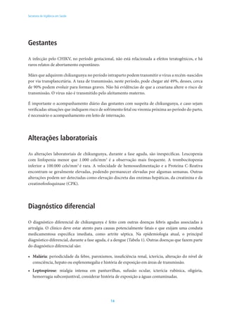 14
Secretaria de Vigilância em Saúde
Gestantes
A infecção pelo CHIKV, no período gestacional, não está relacionada a efeitos teratogênicos, e há
raros relatos de abortamento espontâneo.
Mães que adquirem chikungunya no período intraparto podem transmitir o vírus a recém-nascidos
por via transplancetária. A taxa de transmissão, neste período, pode chegar até 49%, desses, cerca
de 90% podem evoluir para formas graves. Não há evidências de que a cesariana altere o risco de
transmissão. O vírus não é transmitido pelo aleitamento materno.
É importante o acompanhamento diário das gestantes com suspeita de chikungunya, e caso sejam
verificadas situações que indiquem risco de sofrimento fetal ou viremia próxima ao período do parto,
é necessário o acompanhamento em leito de internação.
Alterações laboratoriais
As alterações laboratoriais de chikungunya, durante a fase aguda, são inespecíficas. Leucopenia
com linfopenia menor que 1.000 cels/mm3
é a observação mais frequente. A trombocitopenia
inferior a 100.000 cels/mm3
é rara. A velocidade de hemossedimentação e a Proteína C-Reativa
encontram-se geralmente elevadas, podendo permanecer elevadas por algumas semanas. Outras
alterações podem ser detectadas como elevação discreta das enzimas hepáticas, da creatinina e da
creatinofosfoquinase (CPK).
Diagnóstico diferencial
O diagnóstico diferencial de chikungunya é feito com outras doenças febris agudas associadas à
artralgia. O clínico deve estar atento para causas potencialmente fatais e que exijam uma conduta
medicamentosa específica imediata, como artrite séptica. Na epidemiologia atual, o principal
diagnóstico diferencial, durante a fase aguda, é a dengue (Tabela 1). Outras doenças que fazem parte
do diagnóstico diferencial são:
•	 Malária: periodicidade da febre, paroxismos, insuficiência renal, icterícia, alteração do nível de
consciência, hepato ou esplenomegalia e história de exposição em áreas de transmissão.
•	 Leptospirose: mialgia intensa em panturrilhas, sufusão ocular, icterícia rubínica, oligúria,
hemorragia subconjuntival, considerar história de exposição a águas contaminadas.
 