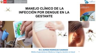 MANEJO CLÍNICO DE LA
INFECCIÓN POR DENGUE EN LA
GESTANTE
31
M.C. ALFREDO RODRIGUEZ CUADRADO
Médico Especialista en Medicin...