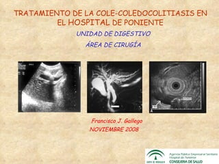TRATAMIENTO DE LA COLE-COLEDOCOLITIASIS EN EL  HOSPITAL  DE PONIENTE NOVIEMBRE 2008 Francisco J. Gallego UNIDAD DE DIGESTIVO ÁREA DE CIRUGÍA 