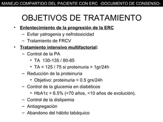 MANEJO COMPARTIDO DEL PACIENTE CON ERC -DOCUMENTO DE CONSENSO-


       OBJETIVOS DE TRATAMIENTO
    • Enlentecimiento de la progresión de la ERC
       – Evitar yatrogenia y nefrotoxicidad
       – Tratamiento de FRCV
    • Tratamiento intensivo multifactorial:
       – Control de la PA
           • TA 130-135 / 80-85
           • TA < 125 / 75 si proteinuria > 1gr/24h
       – Reducción de la proteinuria
           • Objetivo: proteinuria < 0.5 grs/24h
       – Control de la glucemia en diabéticos
           • HbA1c < 6.5% (<70 años, <10 años de evolución).
       – Control de la dislipemia
       – Antiagregación
       – Abandono del hábito tabáquico
 