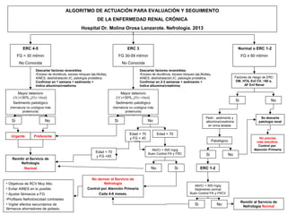ALGORITMO DE ACTUACIÓN PARA EVALUACIÓN Y SEGUIMIENTO
                                                            DE LA ENFERMEDAD RENAL CRÓNICA
                                                 Hospital Dr. Molina Orosa Lanzarote. Nefrología. 2013



           ERC 4-5                                                               ERC 3                                                                           Normal o ERC 1-2
        FG < 30 ml/min                                                       FG 30-59 ml/min                                                                        FG ≥ 60 ml/min
         No Conocida                                                          No Conocida
                  Descartar factores reversibles:                                        Descartar factores reversibles:
                  •Exceso de diuréticos, exceso bloqueo eje,Multaq,                      •Exceso de diuréticos, éxceso bloqueo eje,Multaq,
                  AINES, deshidratación,IC, patología prostática.                        AINES, deshidratación,IC, patología prostática.                       Factores de riesgo de ERC:
                  Confirmar en 1 semana + sedimento +                                    Confirmar en 2-3 semanas + sedimento +                                 DM, HTA, Enf CV, >60 a,
                  Indice albumina/creatinina                                             Indice albumina/creatinina                                                  AF Enf Renal

       Mayor deterioro                                                     Mayor deterioro
    (↑Cr>30%,↓FG>10ml)                                                  (↑Cr>30%,↓FG>10ml)
                                                                                                                                                               Si                     No
    Sedimento patológico                                                Sedimento patológico
  (hematuria no urológica más                                          (hematuria no urológica más
         proteinuria)                                                         proteinuria)

                                                                                                                                      Pedir.: sedimento y                       Se descarta
   Si                    No                                             Si                    No                                      albúmina/creatinina                      patología renal
                                                                                                                                        en orina aislada

                                                                                  Edad < 70          Edad > 70
   Urgente       Preferente
                                                                                  y FG > 45                                                                                    No precisa
                                                                                                                                             Patológico                       más estudios.
                                                                                                                                                                               Control por
                                                                                                Alb/Cr < 500 mg/g                                                           Atención Primaria
                                                           Edad < 70                          Buen Control PA y FRC
                                                           y FG <45                                                                   Si                  No
   Remitir al Servicio de
        Nefrología
          Normal                                                                                No               Si                ERC 1-2

                                                       No derivar al Servicio de
• Objetivos de RCV Muy Alto.                                  Nefrología
                                                                                                                              Alb/Cr < 500 mg/g
• Evitar AINES en lo posible.                        Control por Atención Primaria                                            Sedimento normal
• Ajustar fármacos a FG.                                   Cada 4-6 meses.                                                 Buen Control PA y FRCV
•Profilaxis Nefrotóxicidad contrastes
                                                                                                                                                                    Remitir al Servicio de
• Vigilar efectos secundarios de                                                                                              Si                No                   Nefrología Normal
fármacos ahorradores de potasio.
 
