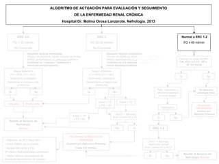ALGORITMO DE ACTUACIÓN PARA EVALUACIÓN Y SEGUIMIENTO
                                                            DE LA ENFERMEDAD RENAL CRÓNICA
                                                 Hospital Dr. Molina Orosa Lanzarote. Nefrología. 2013



           ERC 4-5                                                               ERC 3                                                                           Normal o ERC 1-2
        FG < 30 ml/min                                                       FG 30-59 ml/min                                                                        FG ≥ 60 ml/min
         No Conocida                                                          No Conocida
                  Descartar factores reversibles:                                        Descartar factores reversibles:
                  •Exceso de diuréticos, exceso bloqueo eje,Multaq,                      •Exceso de diuréticos, éxceso bloqueo eje,Multaq,
                  AINES, deshidratación,IC, patología prostática.                        AINES, deshidratación,IC, patología prostática.                       Factores de riesgo de ERC:
                  Confirmar en 1 semana + sedimento +                                    Confirmar en 2-3 semanas + sedimento +                                 DM, HTA, Enf CV, >60 a,
                  Indice albumina/creatinina                                             Indice albumina/creatinina                                                  AF Enf Renal

       Mayor deterioro                                                     Mayor deterioro
    (↑Cr>30%,↓FG>10ml)                                                  (↑Cr>30%,↓FG>10ml)
                                                                                                                                                               Si                     No
    Sedimento patológico                                                Sedimento patológico
  (hematuria no urológica más                                          (hematuria no urológica más
         proteinuria)                                                         proteinuria)

                                                                                                                                      Pedir.: sedimento y                       Se descarta
   Si                    No                                             Si                    No                                      albúmina/creatinina                      patología renal
                                                                                                                                        en orina aislada

                                                                                  Edad < 70          Edad > 70
   Urgente       Preferente
                                                                                  y FG > 45                                                                                    No precisa
                                                                                                                                             Patológico                       más estudios.
                                                                                                                                                                               Control por
                                                                                                Alb/Cr < 500 mg/g                                                           Atención Primaria
                                                           Edad < 70                          Buen Control PA y FRC
                                                           y FG <45                                                                   Si                  No
   Remitir al Servicio de
        Nefrología
          Normal                                                                                No               Si                ERC 1-2

                                                       No derivar al Servicio de
• Objetivos de RCV Muy Alto.                                  Nefrología
                                                                                                                              Alb/Cr < 500 mg/g
• Evitar AINES en lo posible.                        Control por Atención Primaria                                            Sedimento normal
• Ajustar fármacos a FG.                                   Cada 4-6 meses.                                                 Buen Control PA y FRCV
•Profilaxis Nefrotóxicidad contrastes
                                                                                                                                                                    Remitir al Servicio de
• Vigilar efectos secundarios de                                                                                              Si                No                   Nefrología Normal
fármacos ahorradores de potasio.
 