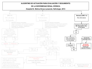 ALGORITMO DE ACTUACIÓN PARA EVALUACIÓN Y SEGUIMIENTO
                                                            DE LA ENFERMEDAD RENAL CRÓNICA
                                                 Hospital Dr. Molina Orosa Lanzarote. Nefrología. 2013



           ERC 4-5                                                               ERC 3                                                                           Normal o ERC 1-2
        FG < 30 ml/min                                                       FG 30-59 ml/min                                                                        FG ≥ 60 ml/min
         No Conocida                                                          No Conocida
                  Descartar factores reversibles:                                        Descartar factores reversibles:
                  •Exceso de diuréticos, exceso bloqueo eje,Multaq,                      •Exceso de diuréticos, éxceso bloqueo eje,Multaq,
                  AINES, deshidratación,IC, patología prostática.                        AINES, deshidratación,IC, patología prostática.                       Factores de riesgo de ERC:
                  Confirmar en 1 semana + sedimento +                                    Confirmar en 2-3 semanas + sedimento +                                 DM, HTA, Enf CV, >60 a,
                  Indice albumina/creatinina                                             Indice albumina/creatinina                                                  AF Enf Renal

       Mayor deterioro                                                     Mayor deterioro
    (↑Cr>30%,↓FG>10ml)                                                  (↑Cr>30%,↓FG>10ml)
                                                                                                                                                               Si
    Sedimento patológico                                                Sedimento patológico
  (hematuria no urológica más                                          (hematuria no urológica más
         proteinuria)                                                         proteinuria)

                                                                                                                                      Pedir.: sedimento y                       Se descarta
   Si                    No                                             Si                    No                                      albúmina/creatinina                      patología renal
                                                                                                                                        en orina aislada

                                                                                  Edad < 70          Edad > 70
   Urgente       Preferente
                                                                                  y FG > 45                                                                                    No precisa
                                                                                                                                             Patológico                       más estudios.
                                                                                                                                                                               Control por
                                                                                                Alb/Cr < 500 mg/g                                                           Atención Primaria
                                                           Edad < 70                          Buen Control PA y FRC
                                                           y FG <45                                                                                       No
   Remitir al Servicio de
        Nefrología
          Normal                                                                                No               Si

                                                       No derivar al Servicio de
• Objetivos de RCV Muy Alto.                                  Nefrología
                                                                                                                              Alb/Cr < 500 mg/g
• Evitar AINES en lo posible.                        Control por Atención Primaria                                            Sedimento normal
• Ajustar fármacos a FG.                                   Cada 4-6 meses.                                                 Buen Control PA y FRCV
•Profilaxis Nefrotóxicidad contrastes
                                                                                                                                                                    Remitir al Servicio de
• Vigilar efectos secundarios de                                                                                              Si                No                   Nefrología Normal
fármacos ahorradores de potasio.
 