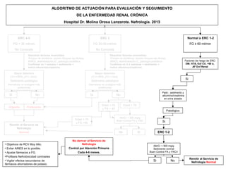 ALGORITMO DE ACTUACIÓN PARA EVALUACIÓN Y SEGUIMIENTO
                                                            DE LA ENFERMEDAD RENAL CRÓNICA
                                                 Hospital Dr. Molina Orosa Lanzarote. Nefrología. 2013



           ERC 4-5                                                               ERC 3                                                                        Normal o ERC 1-2
        FG < 30 ml/min                                                       FG 30-59 ml/min                                                                     FG ≥ 60 ml/min
         No Conocida                                                          No Conocida
                  Descartar factores reversibles:                                        Descartar factores reversibles:
                  •Exceso de diuréticos, exceso bloqueo eje,Multaq,                      •Exceso de diuréticos, éxceso bloqueo eje,Multaq,
                  AINES, deshidratación,IC, patología prostática.                        AINES, deshidratación,IC, patología prostática.                    Factores de riesgo de ERC:
                  Confirmar en 1 semana + sedimento +                                    Confirmar en 2-3 semanas + sedimento +                              DM, HTA, Enf CV, >60 a,
                  Indice albumina/creatinina                                             Indice albumina/creatinina                                               AF Enf Renal

       Mayor deterioro                                                     Mayor deterioro
    (↑Cr>30%,↓FG>10ml)                                                  (↑Cr>30%,↓FG>10ml)
                                                                                                                                                            Si
    Sedimento patológico                                                Sedimento patológico
  (hematuria no urológica más                                          (hematuria no urológica más
         proteinuria)                                                         proteinuria)

                                                                                                                                      Pedir.: sedimento y
   Si                    No                                             Si                    No                                      albúmina/creatinina
                                                                                                                                        en orina aislada

                                                                                  Edad < 70          Edad > 70
   Urgente       Preferente
                                                                                  y FG > 45
                                                                                                                                             Patológico

                                                                                                Alb/Cr < 500 mg/g
                                                           Edad < 70                          Buen Control PA y FRC
                                                           y FG <45                                                                   Si
   Remitir al Servicio de
        Nefrología
          Normal                                                                                No               Si                ERC 1-2

                                                       No derivar al Servicio de
• Objetivos de RCV Muy Alto.                                  Nefrología
                                                                                                                              Alb/Cr < 500 mg/g
• Evitar AINES en lo posible.                        Control por Atención Primaria                                            Sedimento normal
• Ajustar fármacos a FG.                                   Cada 4-6 meses.                                                 Buen Control PA y FRCV
•Profilaxis Nefrotóxicidad contrastes
                                                                                                                                                                 Remitir al Servicio de
• Vigilar efectos secundarios de                                                                                              Si                No                Nefrología Normal
fármacos ahorradores de potasio.
 