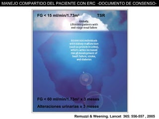 MANEJO COMPARTIDO DEL PACIENTE CON ERC -DOCUMENTO DE CONSENSO-


              FG < 15 ml/min/1.73m2          TSR




              FG < 60 ml/min/1.73m2 x 3 meses
              Alteraciones urinarias x 3 meses

                                 Remuzzi & Weening. Lancet 365: 556-557 , 2005
 