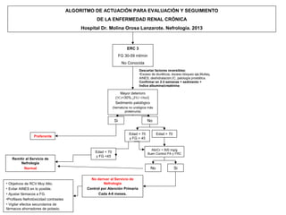 ALGORITMO DE ACTUACIÓN PARA EVALUACIÓN Y SEGUIMIENTO
                                                    DE LA ENFERMEDAD RENAL CRÓNICA
                                             Hospital Dr. Molina Orosa Lanzarote. Nefrología. 2013



                                                                         ERC 3
                                                                     FG 30-59 ml/min
                                                                      No Conocida
                                                                                 Descartar factores reversibles:
                                                                                 •Exceso de diuréticos, éxceso bloqueo eje,Multaq,
                                                                                 AINES, deshidratación,IC, patología prostática.
                                                                                 Confirmar en 2-3 semanas + sedimento +
                                                                                 Indice albumina/creatinina

                                                                   Mayor deterioro
                                                                (↑Cr>30%,↓FG>10ml)
                                                                Sedimento patológico
                                                               (hematuria no urológica más
                                                                      proteinuria)

                                                                Si                    No


                                                                          Edad < 70          Edad > 70
                 Preferente
                                                                          y FG > 45


                                                                                        Alb/Cr < 500 mg/g
                                                   Edad < 70                          Buen Control PA y FRC
                                                   y FG <45
   Remitir al Servicio de
        Nefrología
          Normal                                                                        No               Si

                                                 No derivar al Servicio de
• Objetivos de RCV Muy Alto.                            Nefrología
• Evitar AINES en lo posible.                  Control por Atención Primaria
• Ajustar fármacos a FG.                             Cada 4-6 meses.
•Profilaxis Nefrotóxicidad contrastes
• Vigilar efectos secundarios de
fármacos ahorradores de potasio.
 