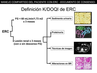 MANEJO COMPARTIDO DEL PACIENTE CON ERC -DOCUMENTO DE CONSENSO-


              Definición K/DOQI de ERC
         FG < 60 mL/min/1,73 m2   Sedimento urinario
               x 3 meses



ERC                               Proteinuria



         Lesión renal x 3 meses
        (con o sin descenso FG)
                                  Técnicas de imagen




                                  Alteraciones en BR
 