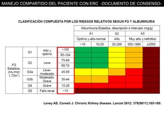 MANEJO COMPARTIDO DEL PACIENTE CON ERC -DOCUMENTO DE CONSENSO-




                Levey AS, Coresh J. Chronic Kidney disease. Lancet 2012; 379(9811);165-180.
 